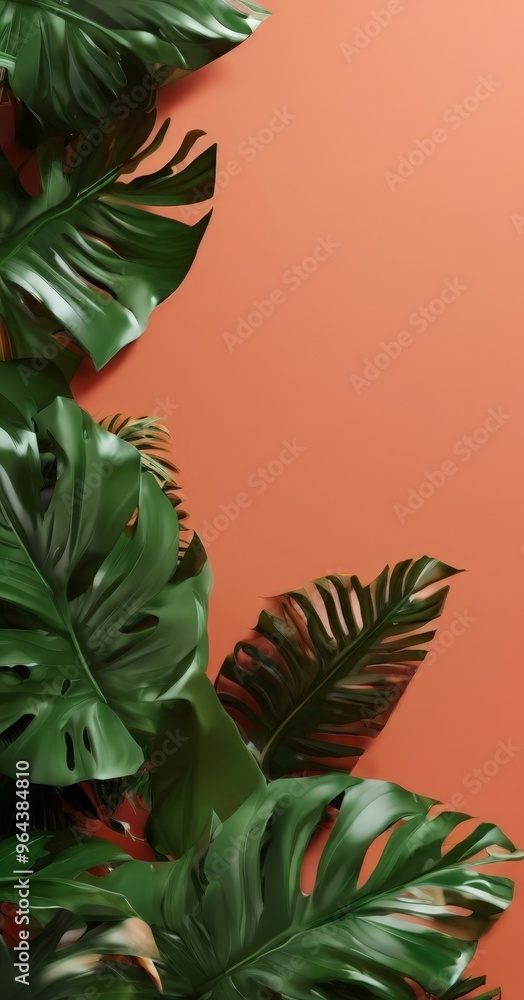 Fototapeta premium close-up view of lush, green monstera leaves against a vibrant orange background.