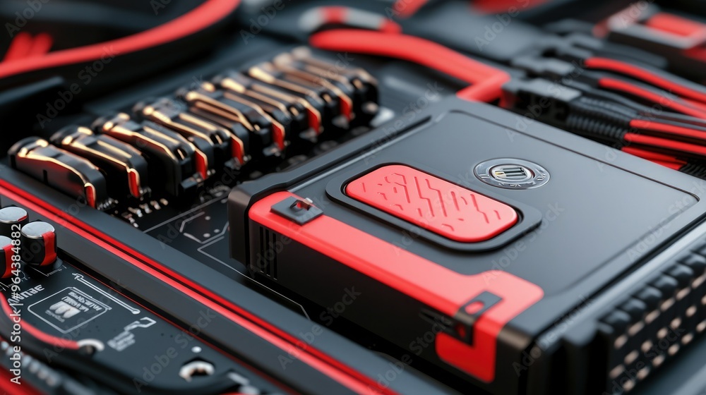 Close-up of modern electronic device with red and black wires showcasing intricate details and high-tech design. Close-up of modern electronic device with red and black wires showcasing intricate details and high-tech design.