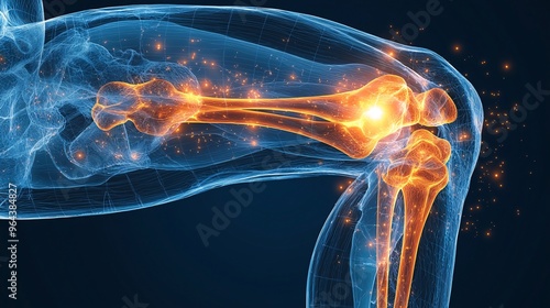 A medical illustration showing fluid buildup in a knee joint, with arrows indicating swelling and discomfort. photo