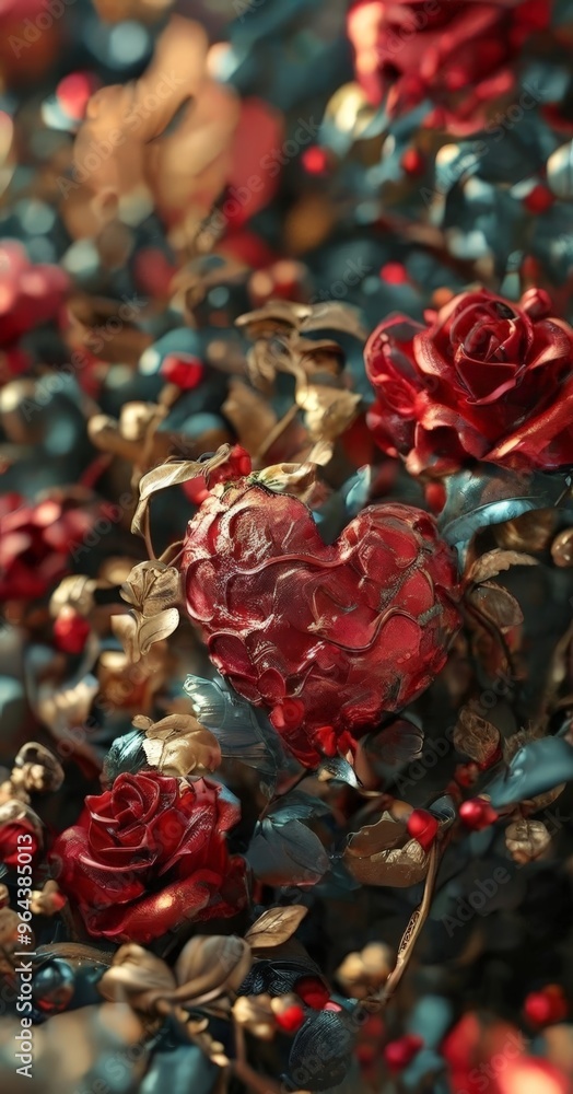 Fototapeta premium A close-up view of a red rose with a heart-shaped design, surrounded by other red roses and green leaves, with a blurred background.
