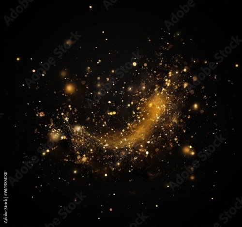 a scene of golden particles or specks scattered across a black background, creating a sense of movement and energy.