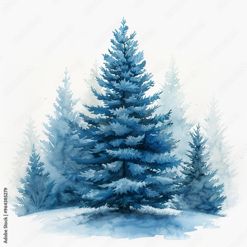 Obraz premium Watercolor Representation of an Evergreen Icon in Soft Bluish Hues
