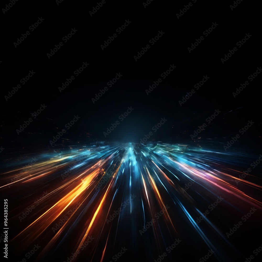 Obraz premium a futuristic cityscape with a dark background and a vibrant display of colorful lights emanating from the center, creating a sense of motion and energy.