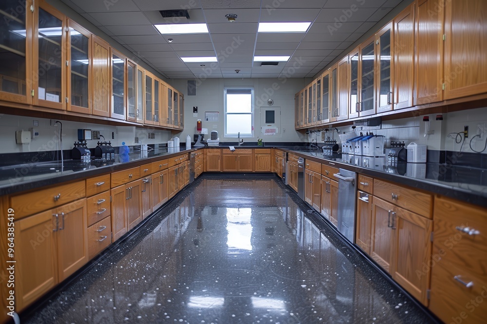 A spacious and well-equipped laboratory with clean, reflective floors, extensive wooden cabinetry, and ample lighting for precise scientific research and experiments A spacious and well-equipped laboratory with clean, reflective floors, extensive wooden cabinetry, and ample lighting for precise scientific research and experiments