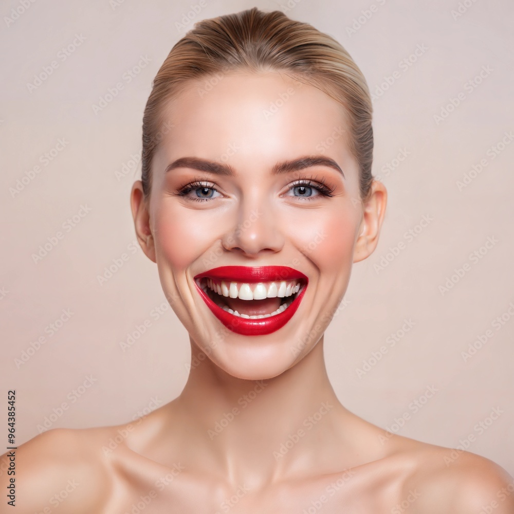 smiling woman with white teeth and red lipstick on white background. Generate With AI smiling woman with white teeth and red lipstick on white background. Generate With AI