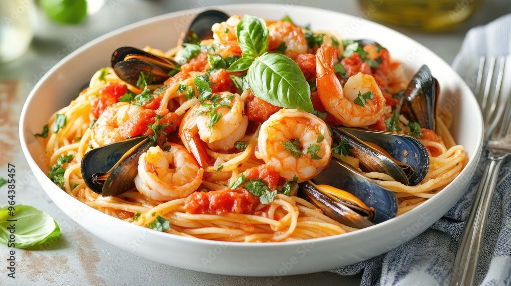 Spaghetti shrimp mussels healthy meal. Generative AI Spaghetti shrimp mussels healthy meal. Generative AI
