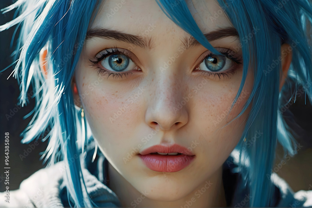 Blue Haired Girl with Freckles and Piercing Blue Eyes in Sunlit Close-Up Portrait Blue Haired Girl with Freckles and Piercing Blue Eyes in Sunlit Close-Up Portrait