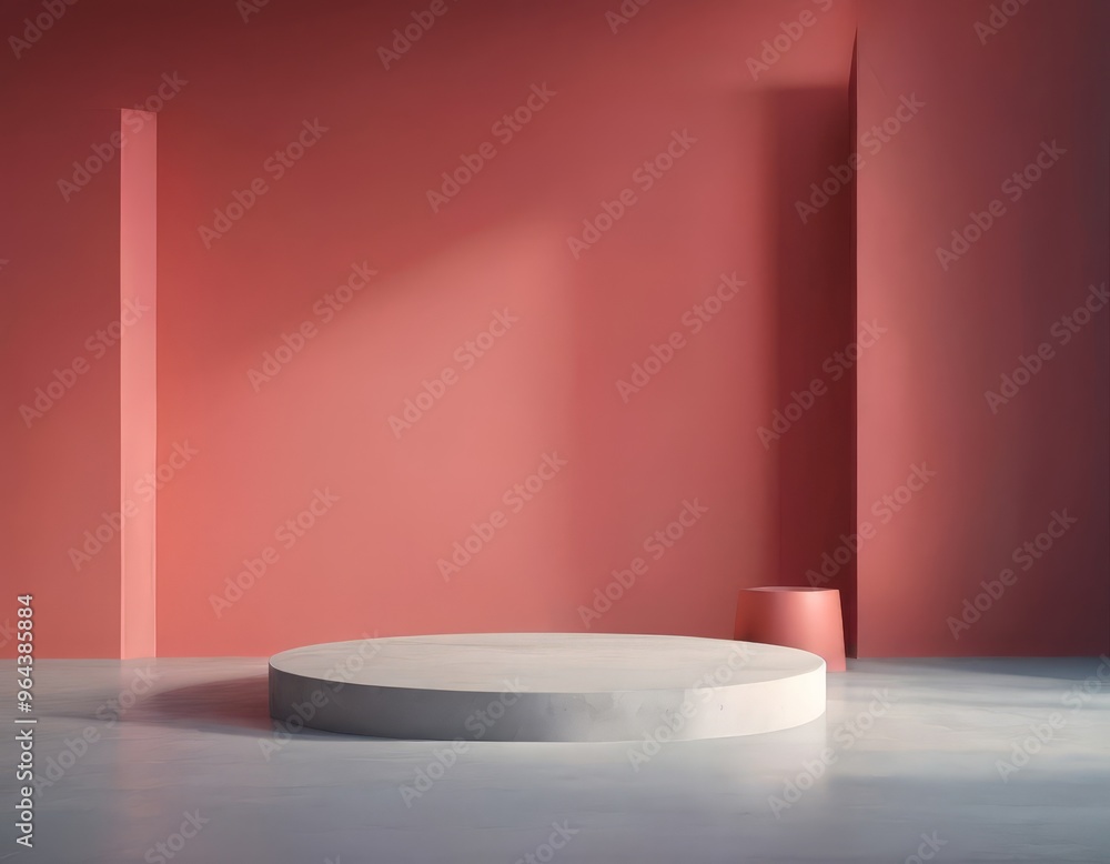 A minimalist, circular podium stands in a room with a pink wall and a vertical column, creating a visually striking and geometric composition. A minimalist, circular podium stands in a room with a pink wall and a vertical column, creating a visually striking and geometric composition.