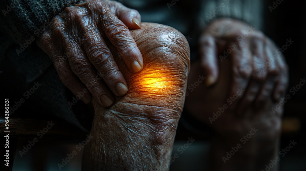 A close-up of an elderly person's swollen knee, showing signs of inflammation and discomfort. A close-up of an elderly person's swollen knee, showing signs of inflammation and discomfort.