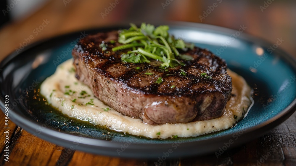 Steak, celery puree, blue plate. Generative AI Steak, celery puree, blue plate. Generative AI