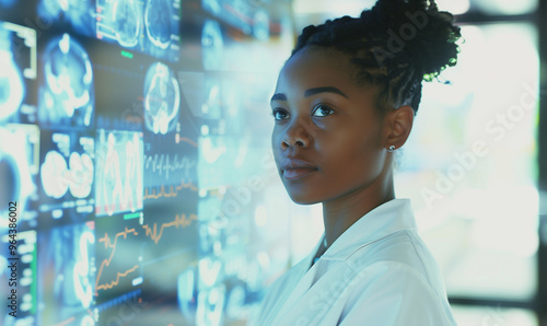 Side profile of black female doctor analysing healthcare ai data hologram. Holographic artificial intelligence in healthcare & medicine. Medical research innovation 