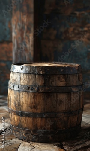An old, weathered wooden barrel sits on a wooden surface, its dark brown color contrasting with the rustic background.