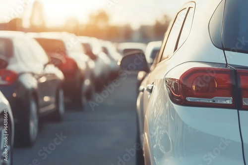 Close-up of white SUV parked in a dealership lot at sunset photo