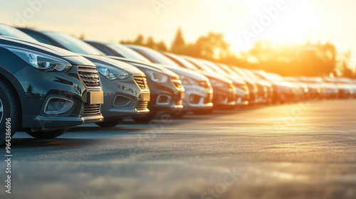 Cars parked in a dealership lot during a glowing sunset