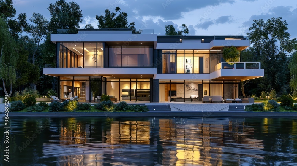 3d rendering of modern house by the river at morning, house, luxury, villa, modern, architecture, building, exterior, residential, property, designer 3d rendering of modern house by the river at morning, house, luxury, villa, modern, architecture, building, exterior, residential, property, designer
