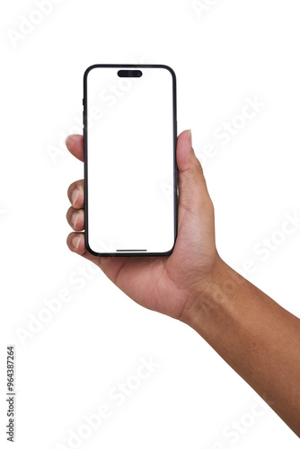 Hand holding smart phone with blank screen and modern frameless design app - isolated on white background - Clipping Path