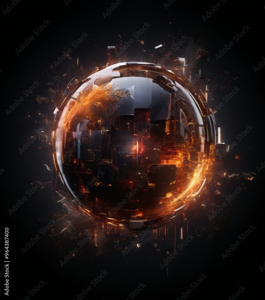 a futuristic, spherical object composed of various metallic components, including a reflective surface and a fiery, glowing interior, set against a dark background. a futuristic, spherical object composed of various metallic components, including a reflective surface and a fiery, glowing interior, set against a dark background.