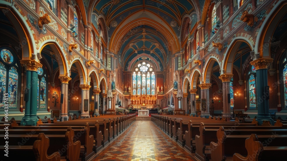 A stunning and intricately designed interior of a historic cathedral with beautiful stained glass windows and ornate architectural details that exude grandeur and reverence A stunning and intricately designed interior of a historic cathedral with beautiful stained glass windows and ornate architectural details that exude grandeur and reverence