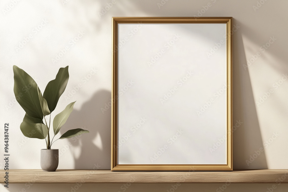 Poster mock up golden frame ion the wooden shelf with house plant Poster mock up golden frame ion the wooden shelf with house plant