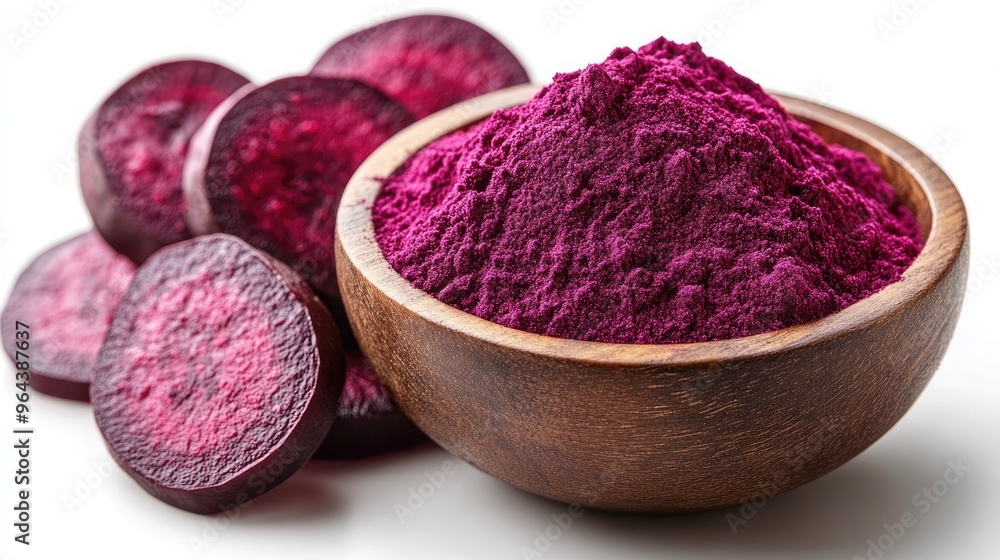 Elegantly Present Fresh Beet Slices and Beetroot Powder in a Wooden Bowl for Culinary Use Elegantly Present Fresh Beet Slices and Beetroot Powder in a Wooden Bowl for Culinary Use