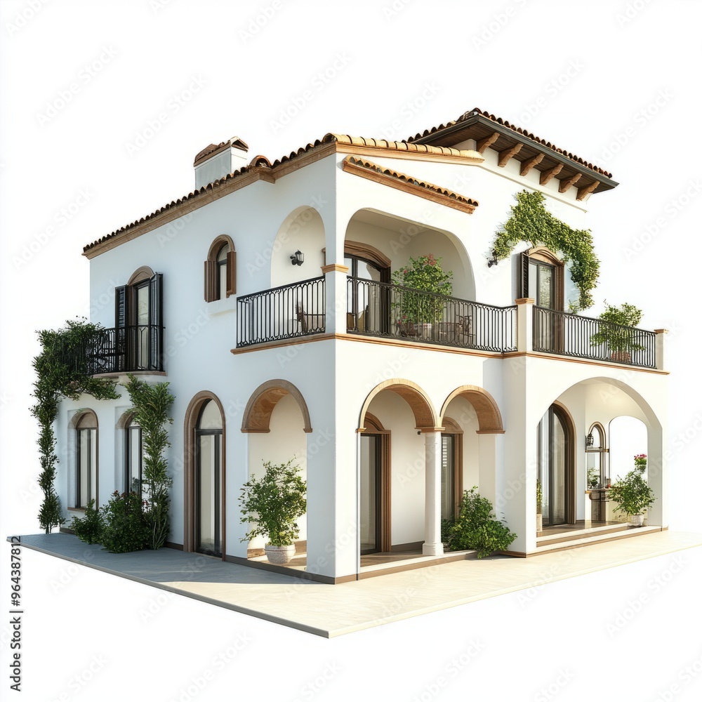 Photorealistic Mediterranean Duplex House 3D Render - Isolated White Background Photorealistic Mediterranean Duplex House 3D Render - Isolated White Background