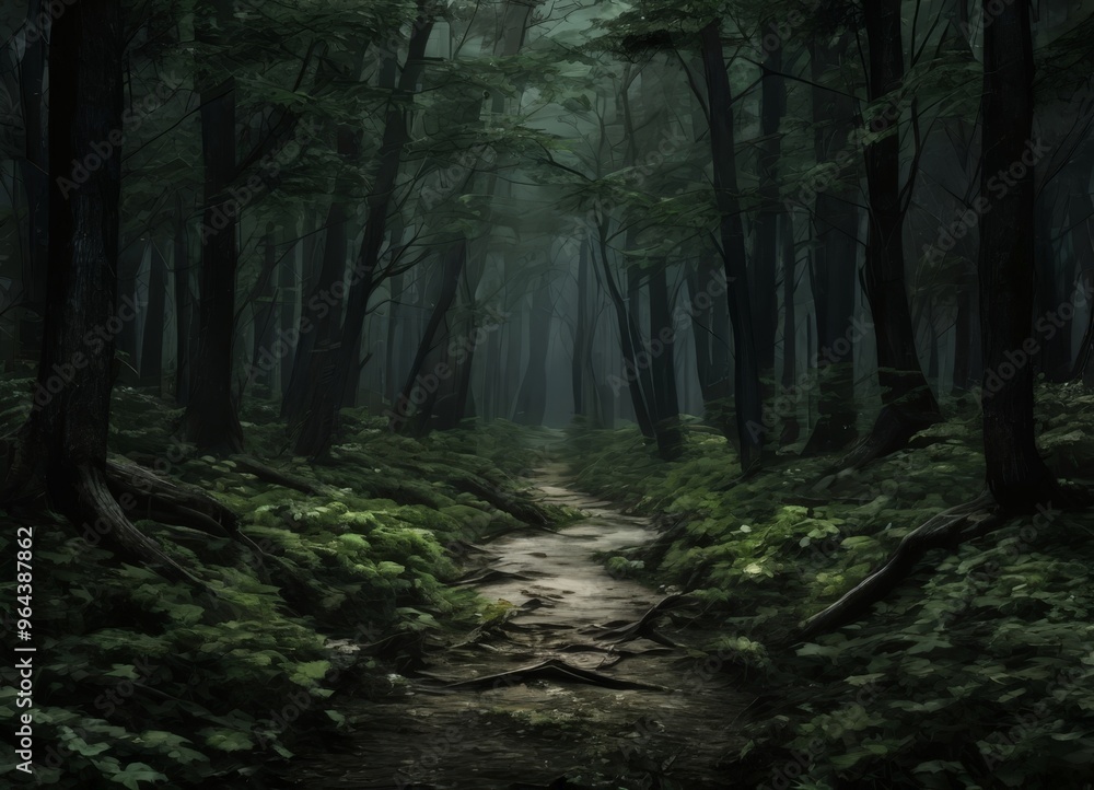 A winding path leads through a dense, dark forest, with tall trees and a thick layer of green foliage surrounding the trail. A winding path leads through a dense, dark forest, with tall trees and a thick layer of green foliage surrounding the trail.
