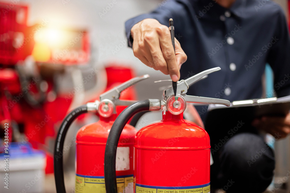 Engineer are checking and inspection a fire extinguishers tank in the fire control room for safety training and fire prevention. Engineer are checking and inspection a fire extinguishers tank in the fire control room for safety training and fire prevention.