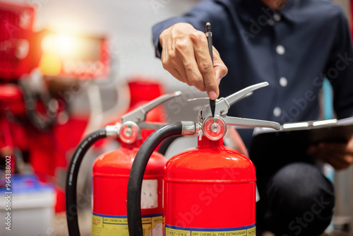 Engineer are checking and inspection a fire extinguishers tank in the fire control room for safety training and fire prevention.