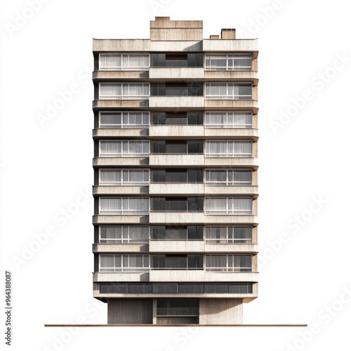 Photorealistic Brutalist High-Rise Apartment Building 3D Render - Isolated on White