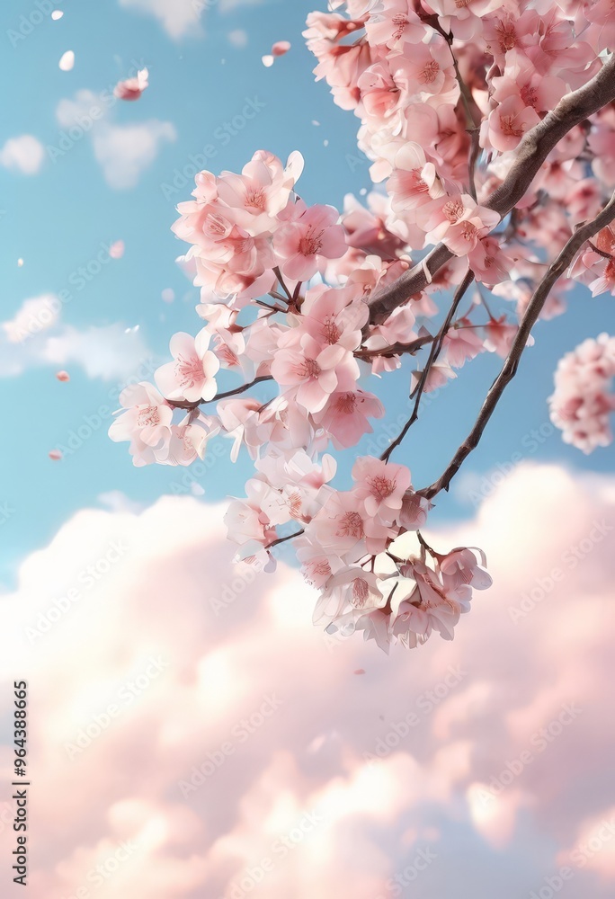 Cherry blossoms in full bloom against a backdrop of a clear blue sky with fluffy white clouds. Cherry blossoms in full bloom against a backdrop of a clear blue sky with fluffy white clouds.