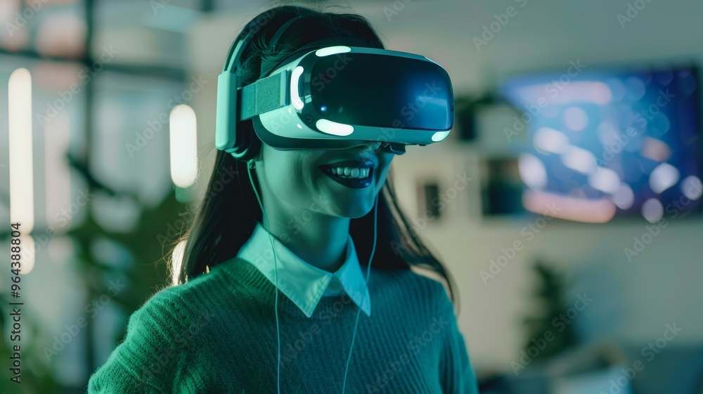 Smiling businesswoman in green sweater is wearing vr helmet. Digital interface in 3d glasses. Concept of future technology, interaction and entertainment playing game in virtual reality Smiling businesswoman in green sweater is wearing vr helmet. Digital interface in 3d glasses. Concept of future technology, interaction and entertainment playing game in virtual reality