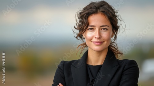 A young woman with a confident smile, dressed in a black blazer, standing outdoors with a blurred natural background, exuding confidence and poise photo