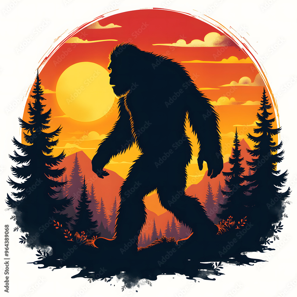 Vintage sunset vector t-shirt design bigfoot silhouette on isolated ...