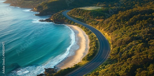 Fototapeta Naklejka Na Ścianę i Meble -  Coastal road winding through lush green forest.