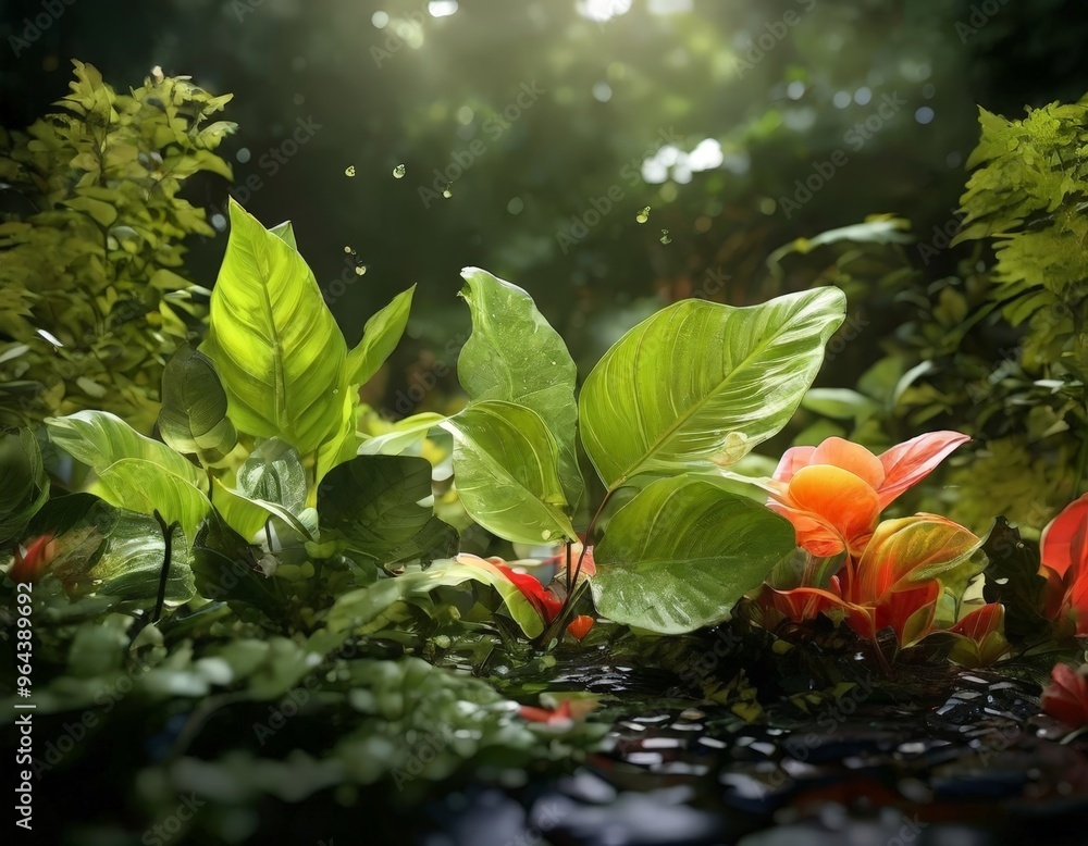 A lush, verdant garden scene with vibrant green leaves, orange flowers, and a small pond with water droplets, all bathed in sunlight. A lush, verdant garden scene with vibrant green leaves, orange flowers, and a small pond with water droplets, all bathed in sunlight.