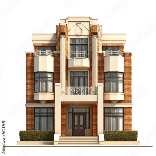 Art Deco Townhouse 3D Rendering - Photorealistic Illustration on White Background