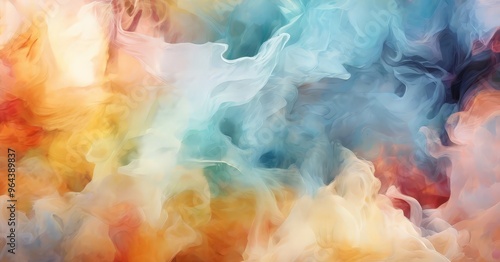 an abstract representation of swirling, multicolored smoke or vapor, with a gradient of warm hues transitioning from orange to blue, and then to a cool blue-green.