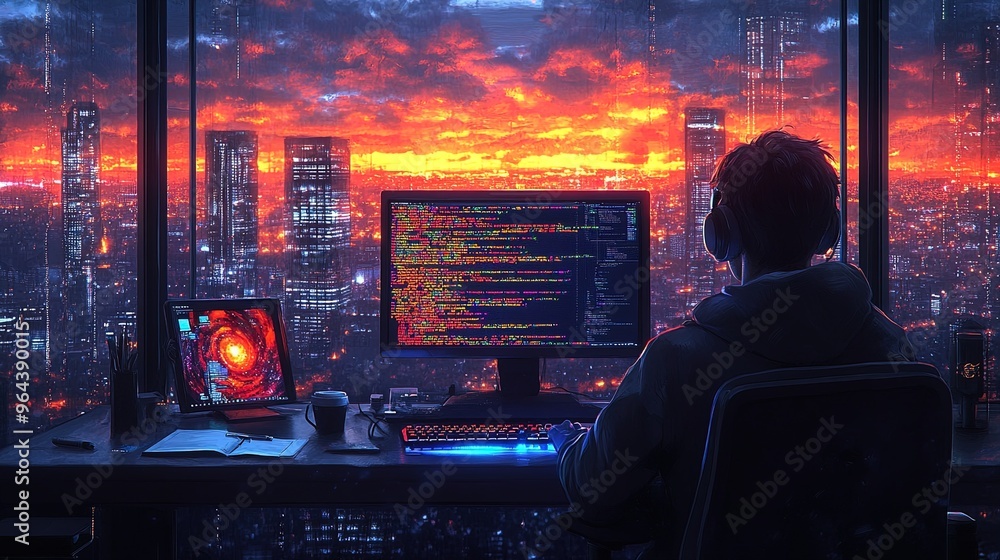 Fototapeta premium Programmer Looking at City Skyline