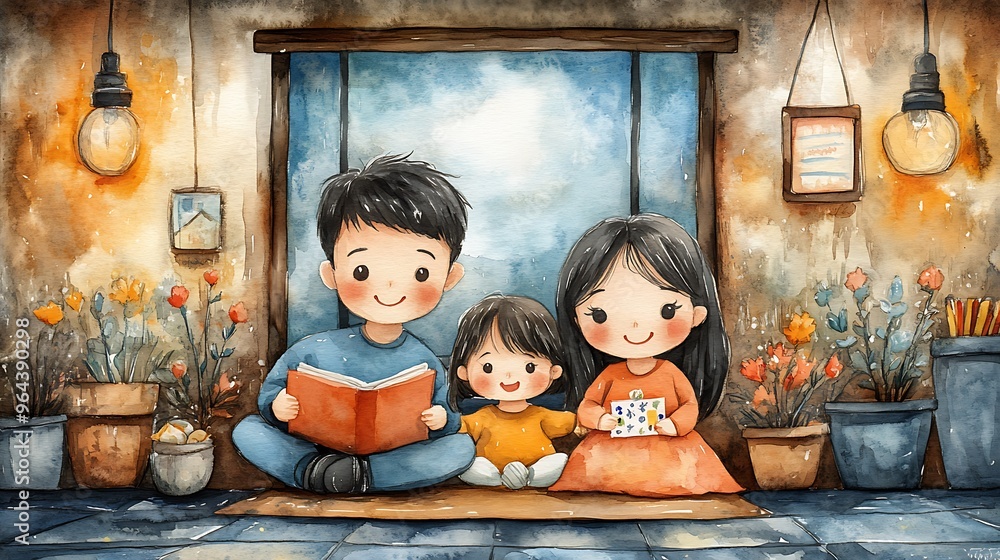 Fototapeta premium Watercolor Illustration of a Family Reading Together.