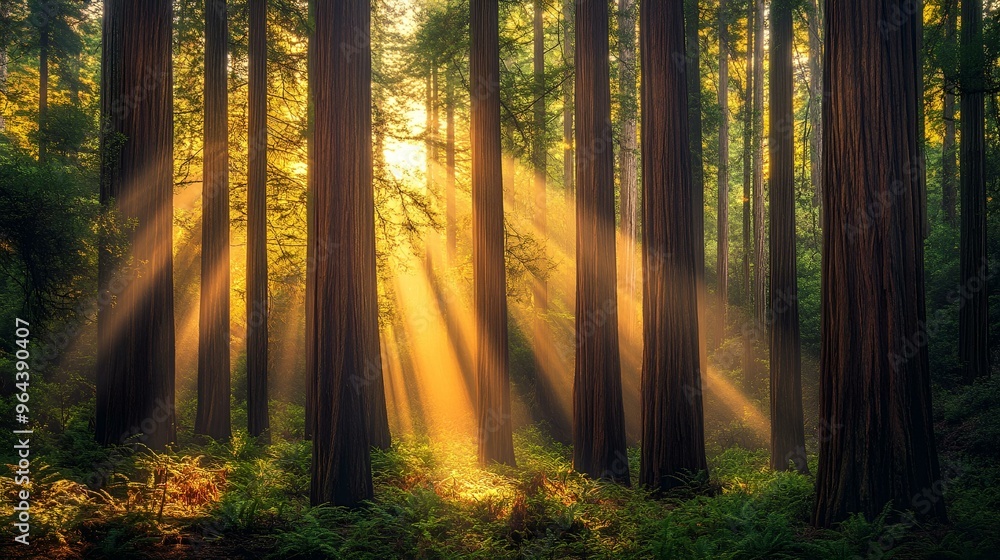 Naklejka premium Misty morning sunlight filters through towering pine trees in a sun-dappled autumn woodland