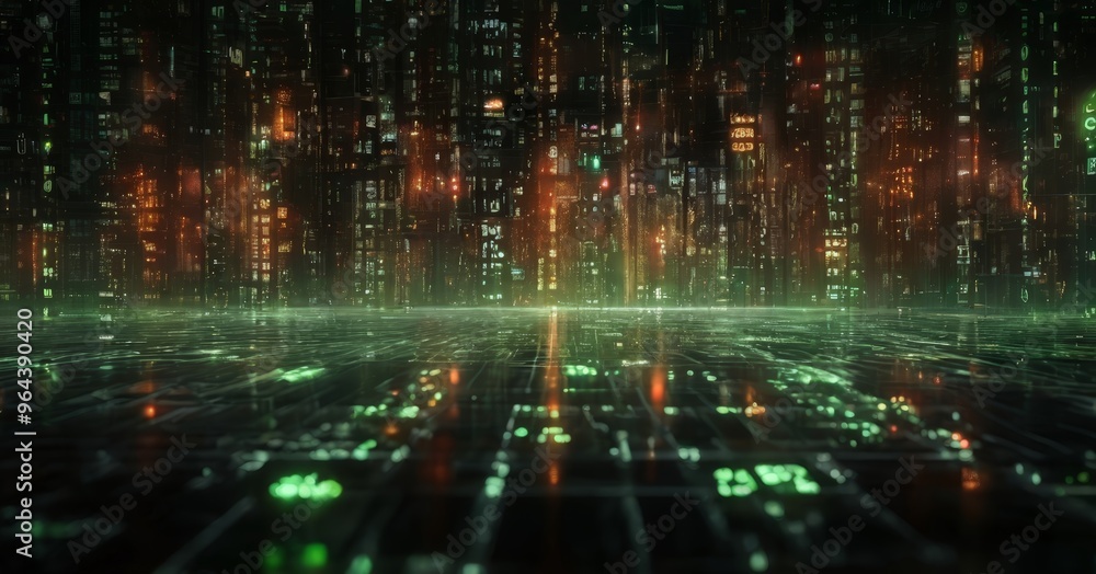 futuristic cityscape, with a grid-like pattern of glowing green lights and a reflective surface below. The city is densely packed with tall buildings, each adorned with numerous