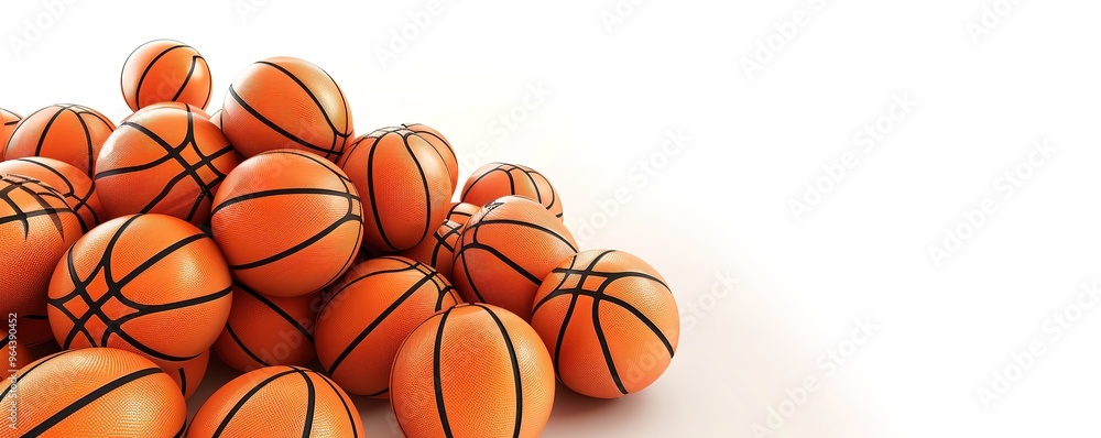 A pile of basketballs arranged on a white background, leaving plenty of copy space. Perfect for sports, fitness, or basketball themed designs. A pile of basketballs arranged on a white background, leaving plenty of copy space. Perfect for sports, fitness, or basketball themed designs.