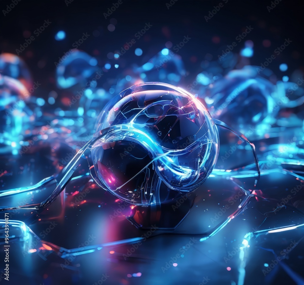 a transparent sphere with a glowing, intricate design, set against a dark background with a blurred, colorful bokeh effect. a transparent sphere with a glowing, intricate design, set against a dark background with a blurred, colorful bokeh effect.
