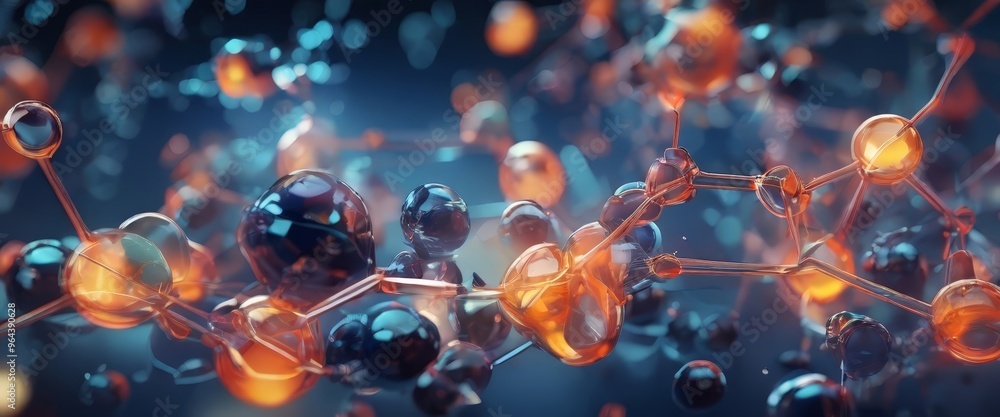 a complex network of interconnected glass spheres, each containing a different color, arranged in a manner that suggests a molecular structure. The spheres are illuminated from a complex network of interconnected glass spheres, each containing a different color, arranged in a manner that suggests a molecular structure. The spheres are illuminated from