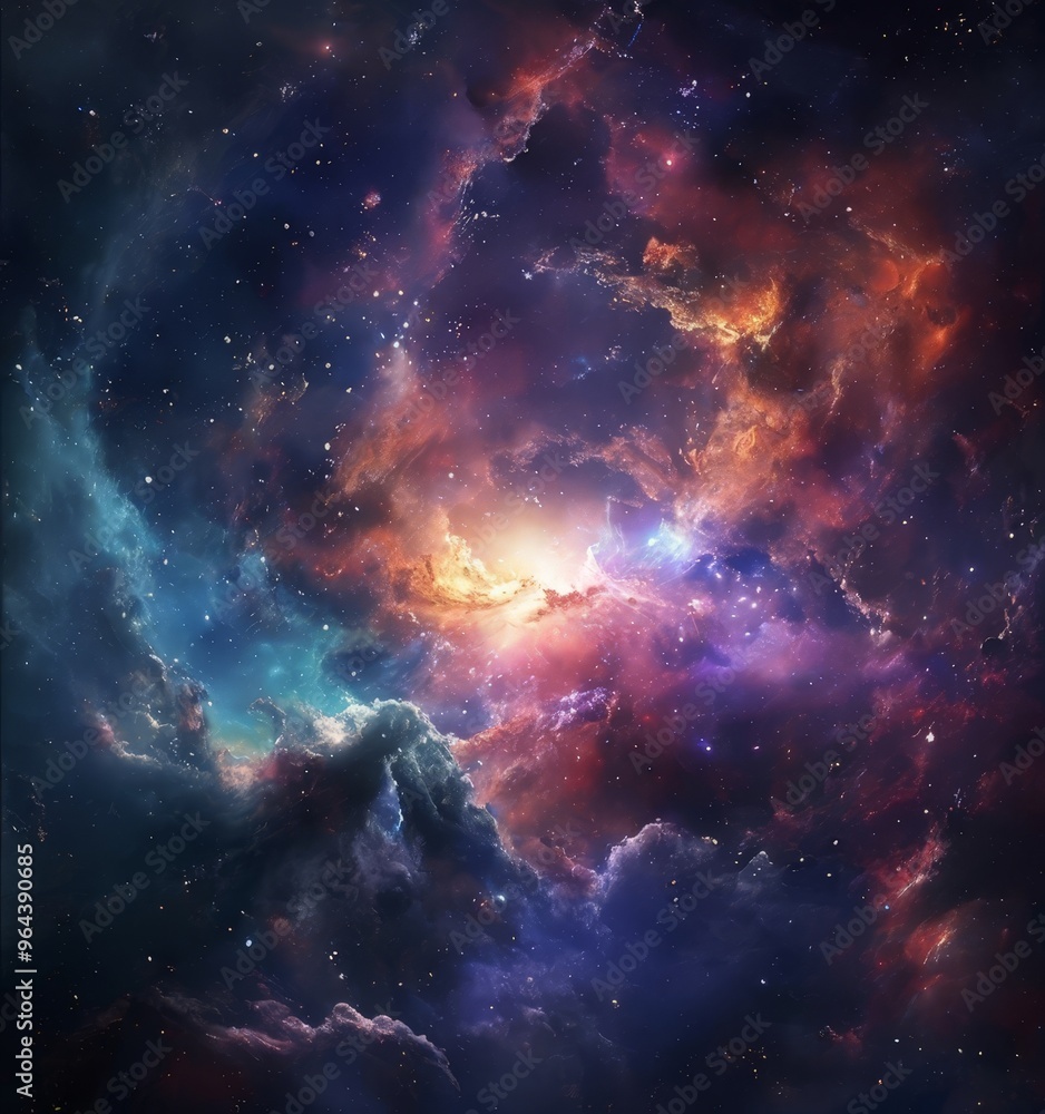 a vibrant cosmic scene, featuring a swirling nebula with a mix of orange, blue, and purple hues, as well as a bright sun at the center. a vibrant cosmic scene, featuring a swirling nebula with a mix of orange, blue, and purple hues, as well as a bright sun at the center.