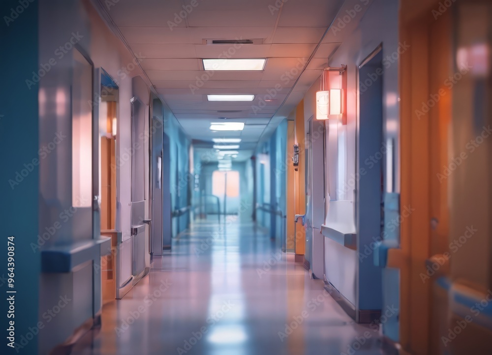 A long, dimly lit hospital corridor with blue walls and a polished floor, featuring a few doors and windows along the way. A long, dimly lit hospital corridor with blue walls and a polished floor, featuring a few doors and windows along the way.