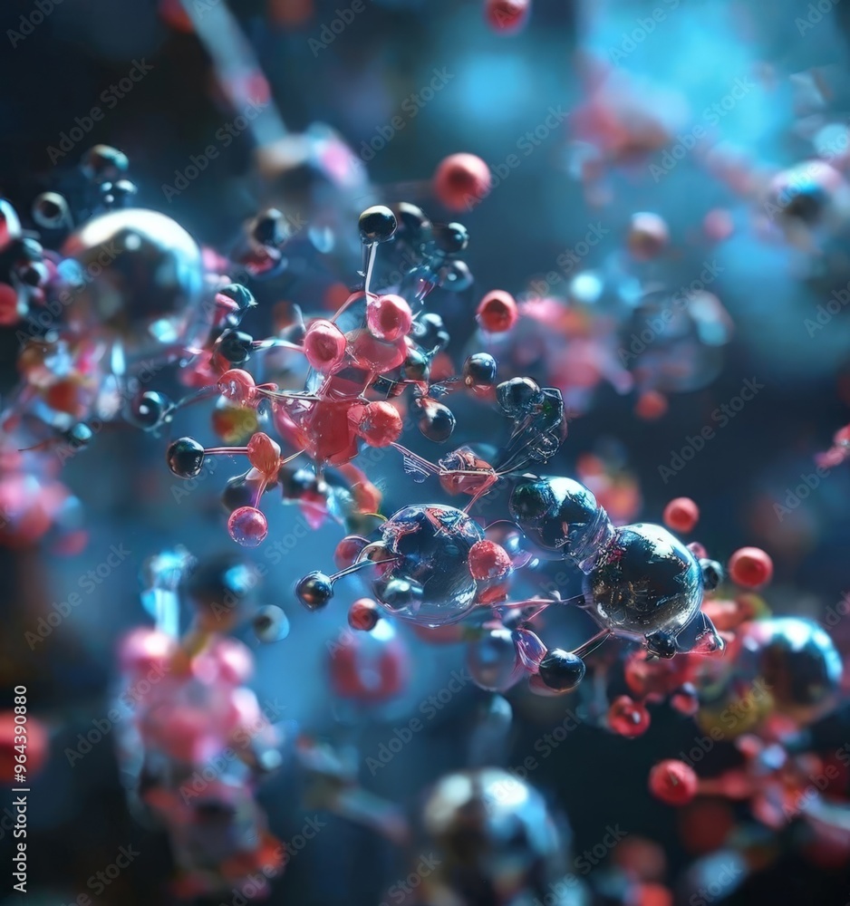 a close-up view of a molecular structure, with a variety of spheres and lines representing atoms and bonds. The spheres are in shades of red, blue, and black, while the lines are