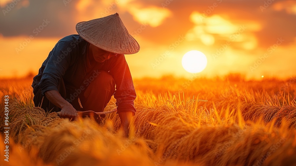Fototapeta premium Vietnamese Farmer Harvesting Rice at Sunset