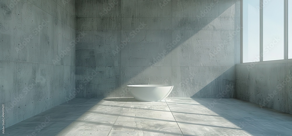 Minimalist modern bathroom with a white bathtub in the corner of the room. Sunlight streams through large windows, casting shadows on the concrete walls.