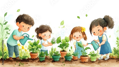 Wallpaper Mural Happy Children Gardening Together in Watercolor Style. Torontodigital.ca